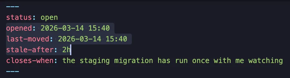 An intention's frontmatter: status open, opened and last-moved timestamps, stale-after 2h, and a closes-when line.